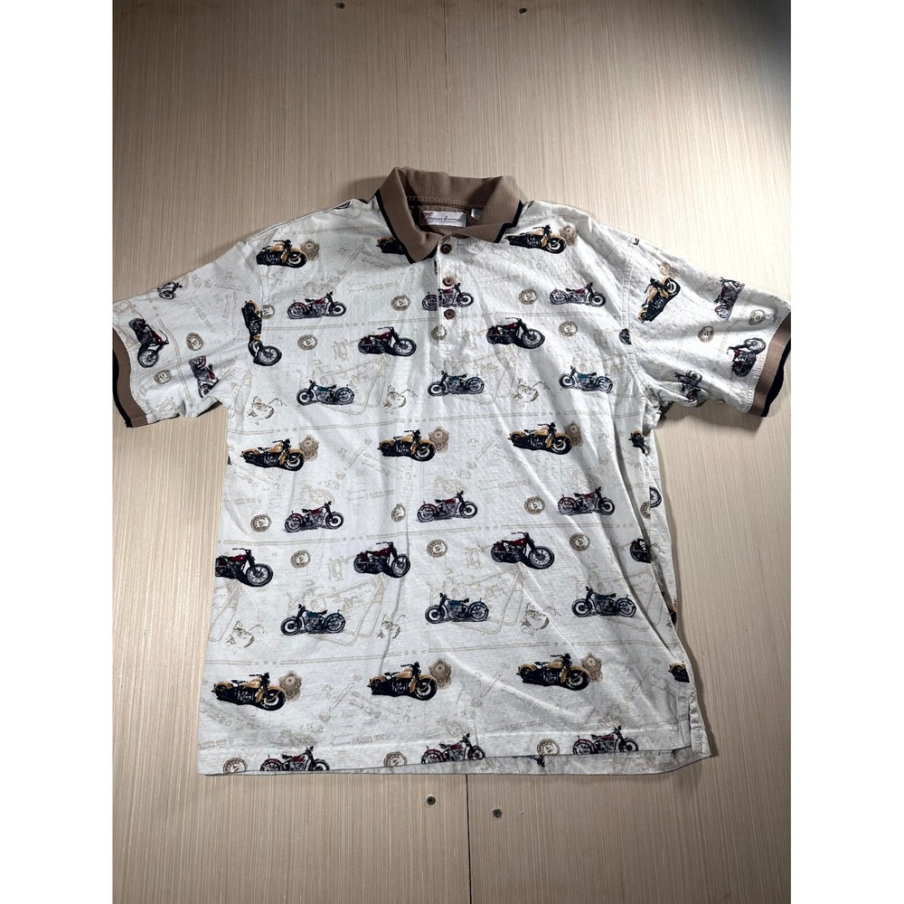 American Summer Clothing Co.‎ Polo Shirt Men's Large Ivory Motorcycle Print Logo
